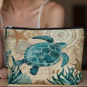 Artistic Sea Turtle Graphic Cosmetics Make Up Carryall Canvas Zip Top Pouch